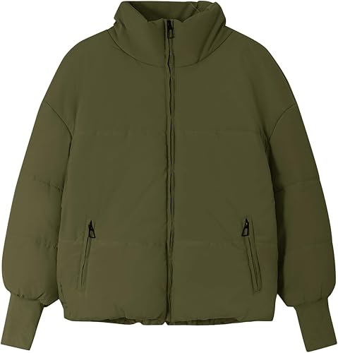 Women's Winter Quilted Jacket Long Sleeve Full Zipper Short Warm Jacket With Pockets