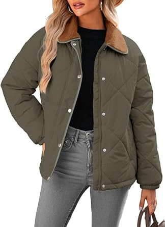 Women's Winter Casual Quilted Jackets Long Sleeve Button Down Puffer Jacket Padded Outerwear Coats