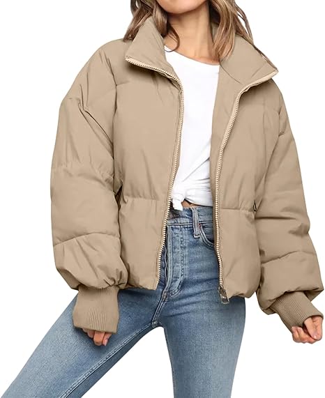 Women’s Winter Cropped Puffer Jacket Coat Casual Quilted Baggy Long Sleeve Zip Down Jackets Outerwear