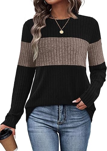 Womens Sweaters Trendy Color Block Tops Long Sleeve Shirts